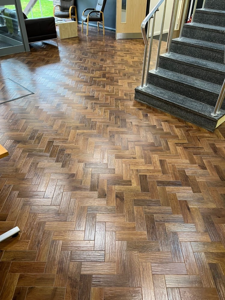 Parquet block flooring in a commercial entrance